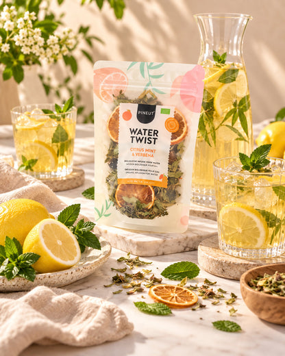 Sfeerbeeld van Watertwist Citrus Mint Verbena BIO Pouchbag met warme styling en passende ingrediënten