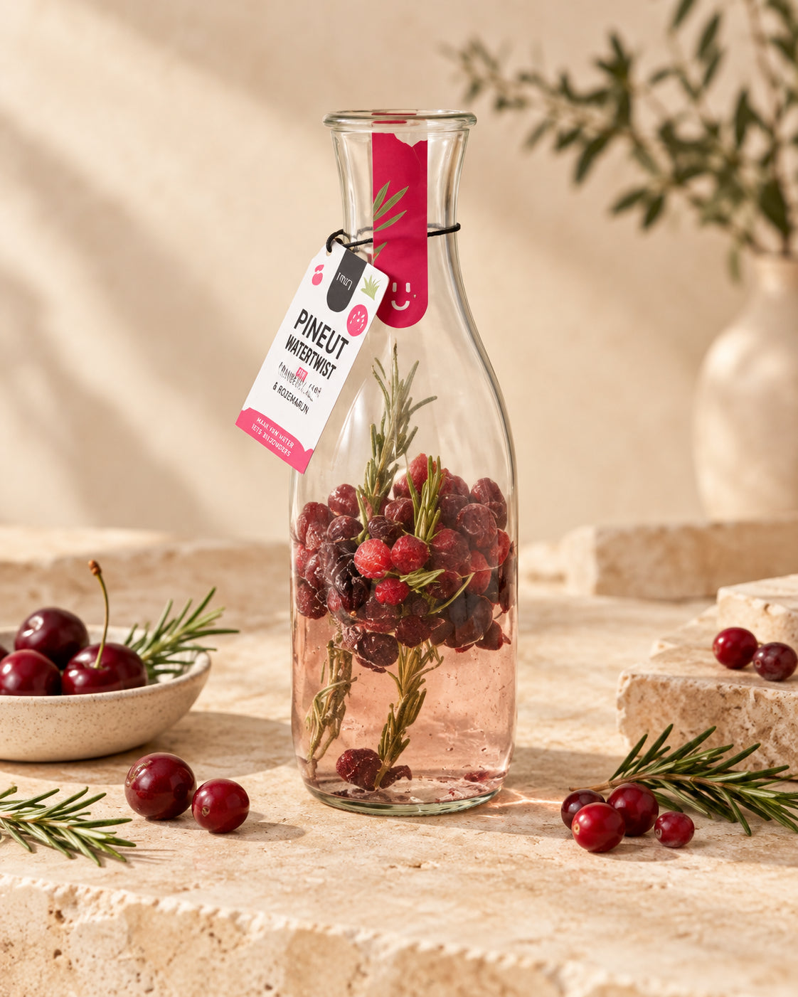 Watertwist Cranberry, Kers & Rozemarijn BIO van Pineut op rustige sfeervolle productachtergrond