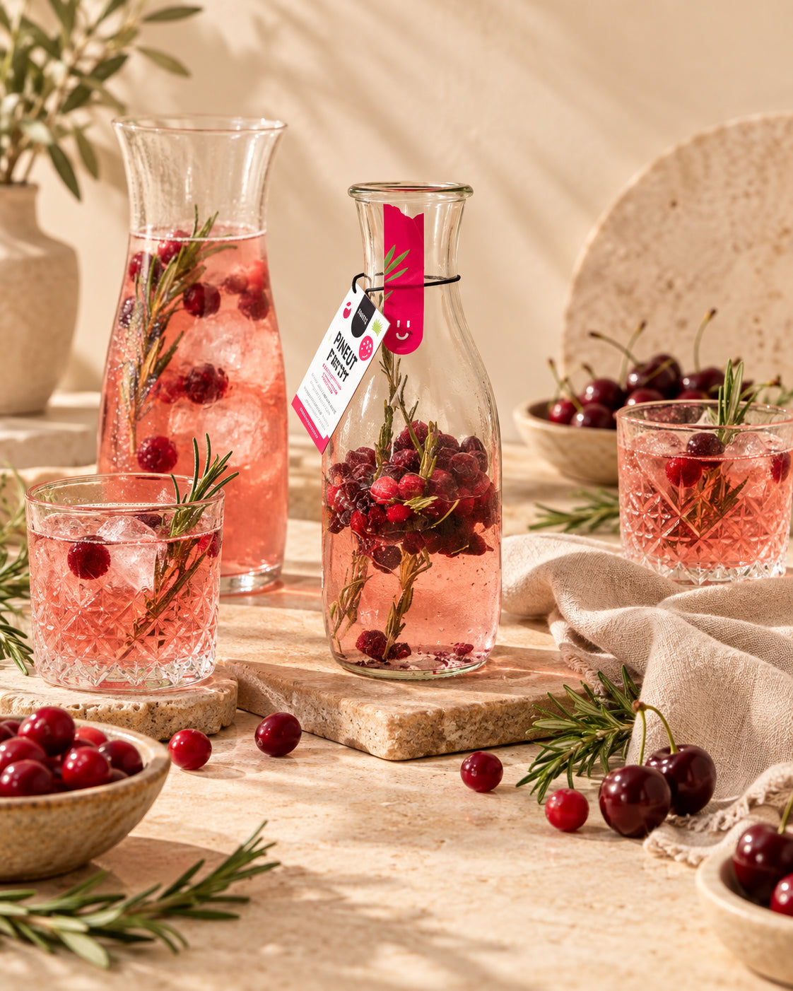 Sfeerbeeld van Watertwist Cranberry, Kers & Rozemarijn BIO met warme styling en passende ingrediënten