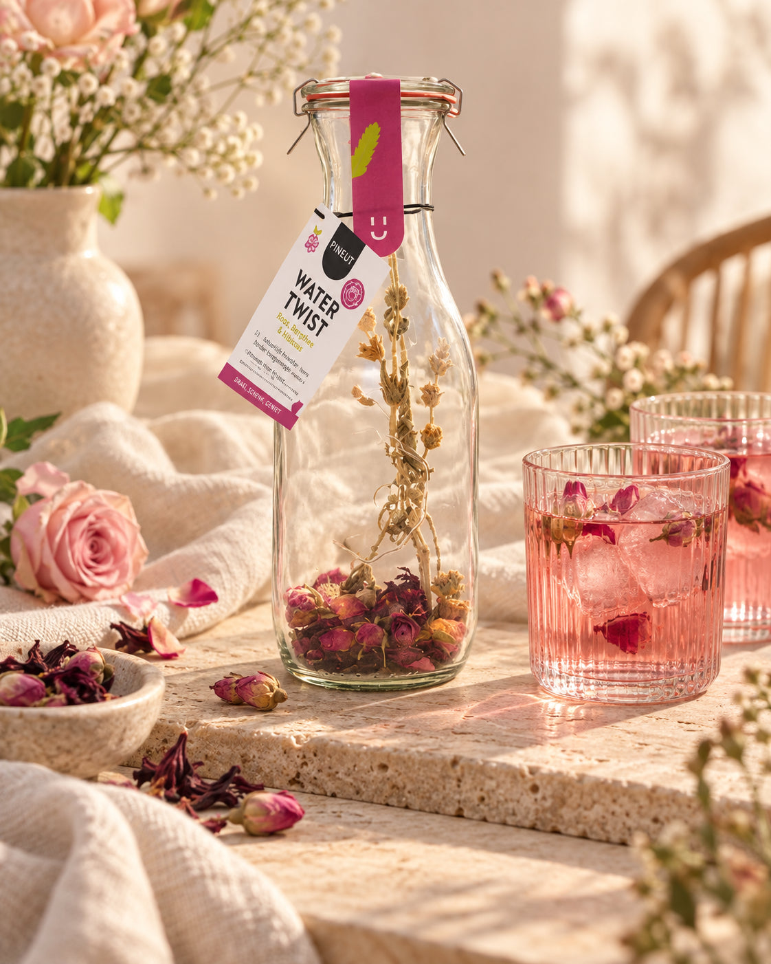 Sfeerbeeld van Watertwist Roos, Bergthee & Hibiscus met warme styling en passende ingrediënten